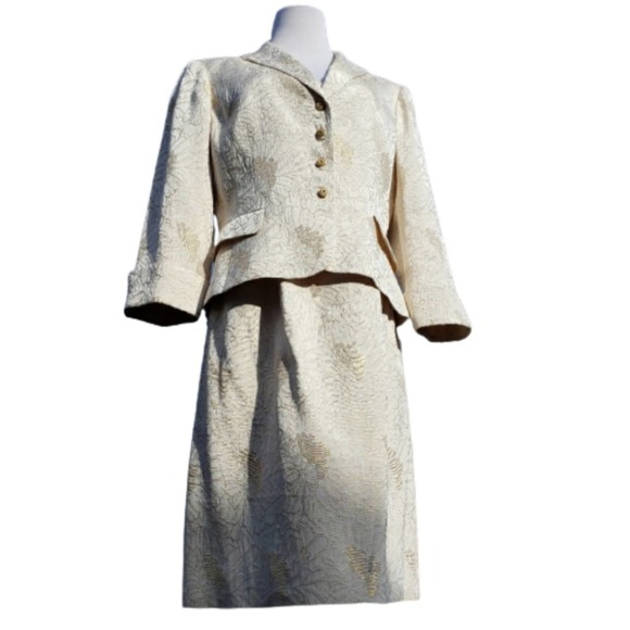JONES NY Dress Jacket Cream Gold Metallic Formal Silk Set Floral Brocade 12 - Picture 1 of 16